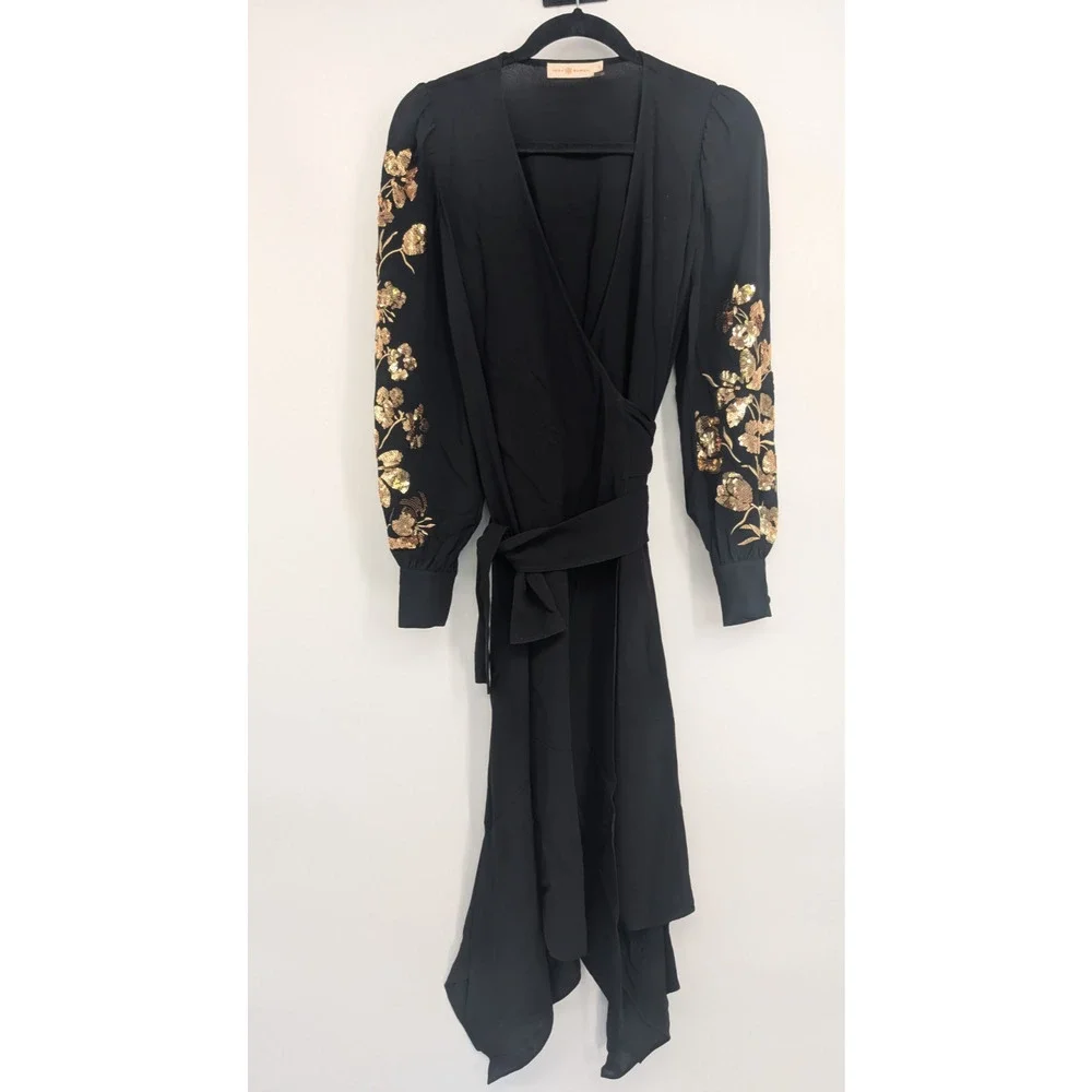 Defect Tory Burch EMBROIDERED WRAP Midi DRESS Sz 2 Golden Sequins Black #2A458